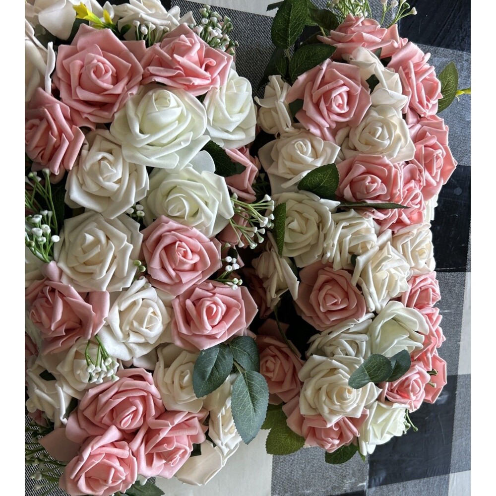 Flower Centerpiece 2pc Pink White Roses Realistic Faux Floral 13x6x5” 95flowers
